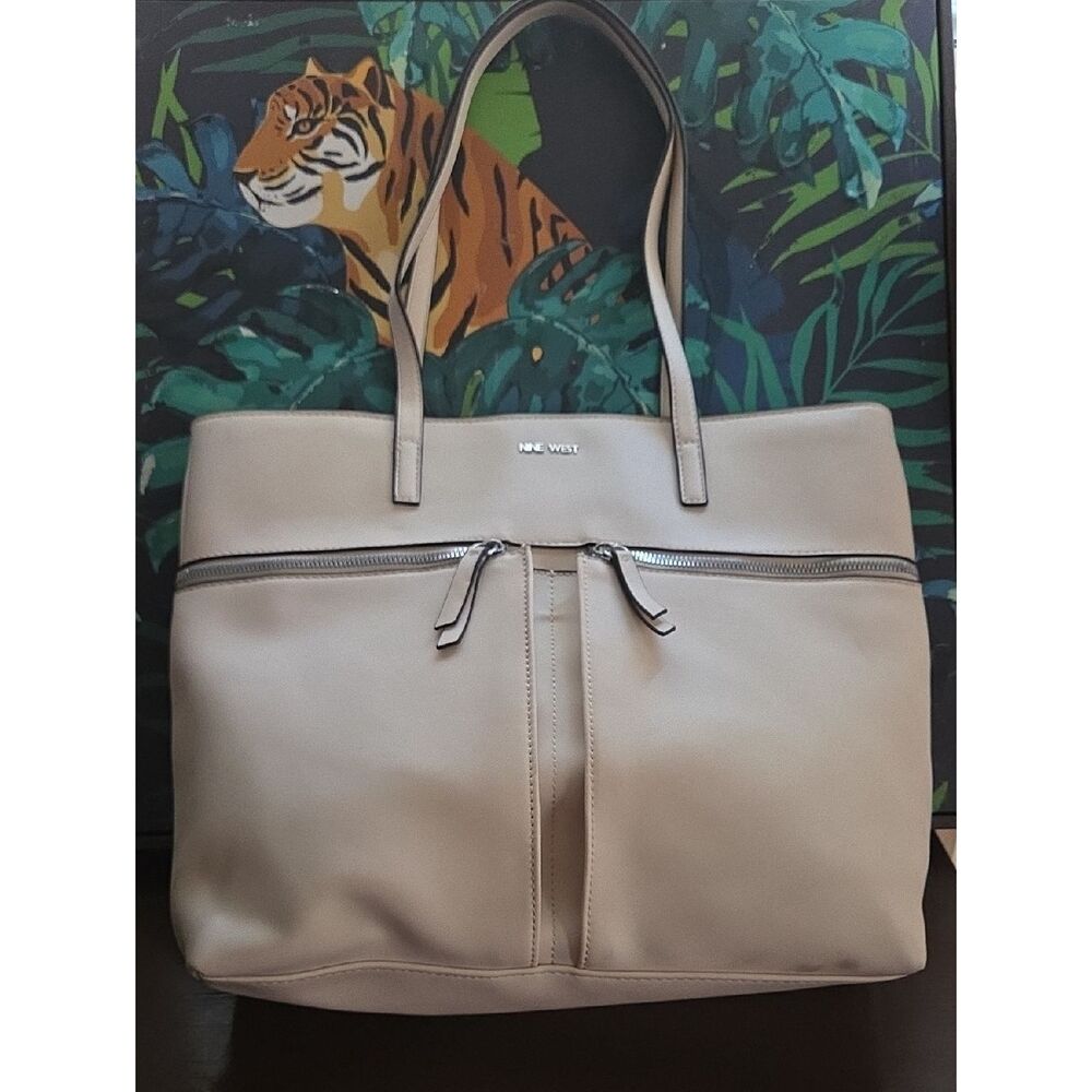 Nine West Beige Leatherette Tote with Front Zip Detail